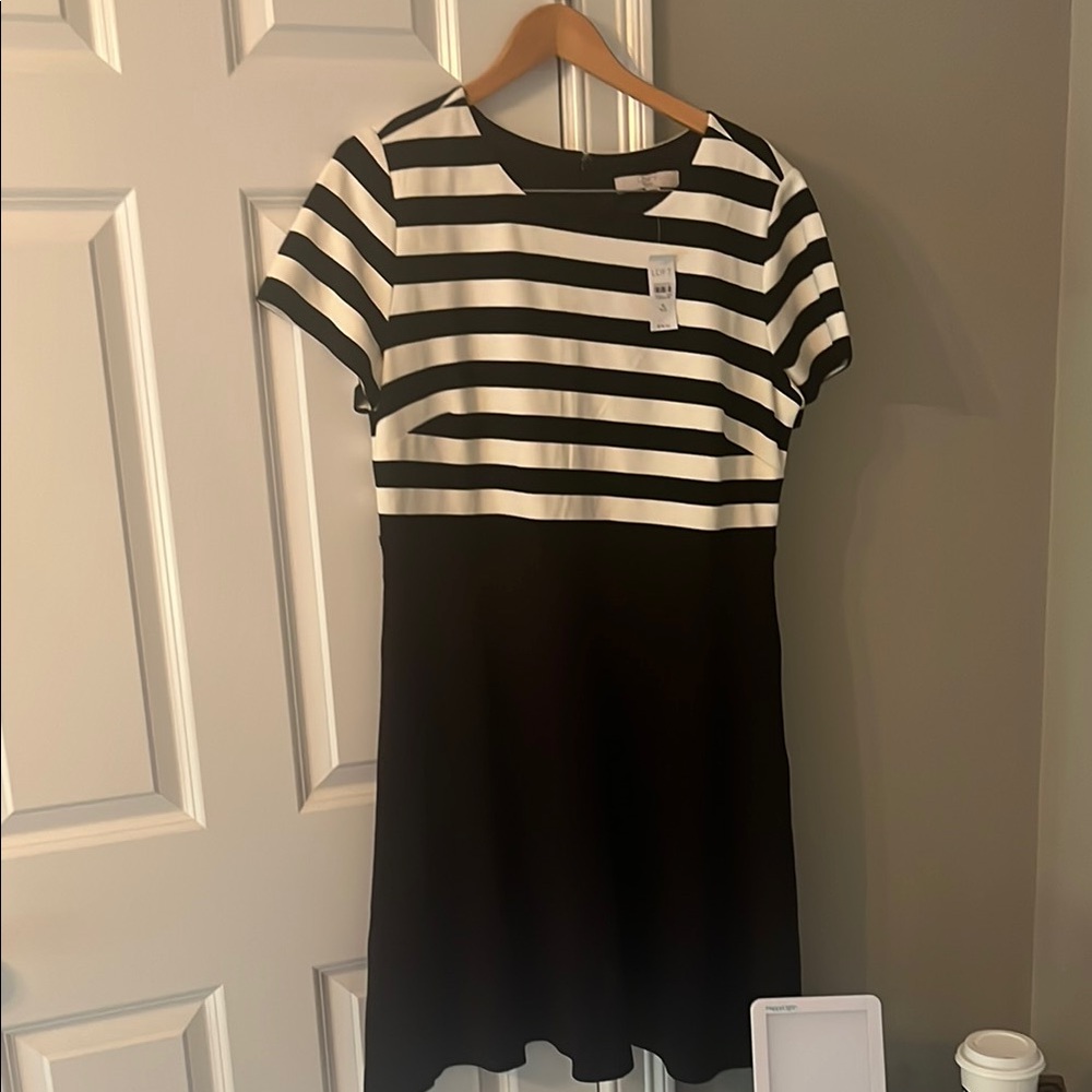 LOFT Black and White A-Line Midi Dress